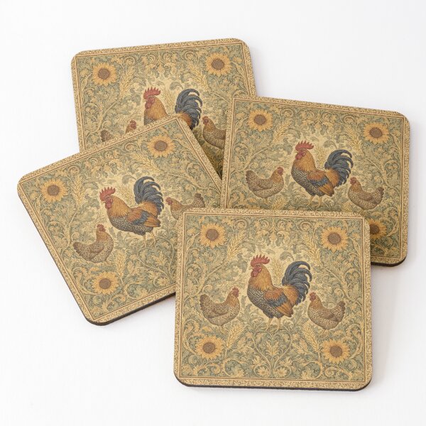 Item preview, Rooster (cockrel) and Chickens  Fresco beautiful pattern ornate art after William Morris vintage design beautiful domesticated animal series designed and sold by Vintage Designs +.