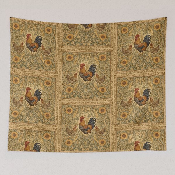 Item preview, Rooster (cockrel) and Chickens  Fresco beautiful pattern ornate art after William Morris vintage design beautiful domesticated animal series designed and sold by Vintage Designs +.