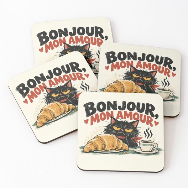 Item preview, Black cat with croissant and coffee designed and sold by anytka.