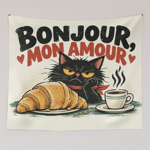 Item preview, Black cat with croissant and coffee designed and sold by anytka.