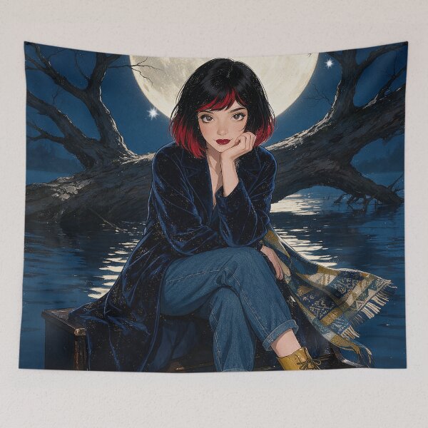 Item preview, Full Moon Piano Lake Night Sky Anime Aesthetic Art designed and sold by Hen-C-Art.