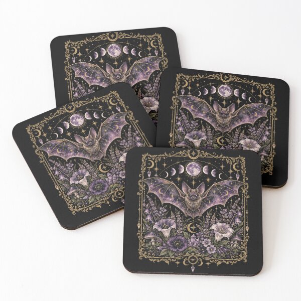 Item preview, Gothic Bat Moon Art with Celestial Flowers designed and sold by ROUX-ART.
