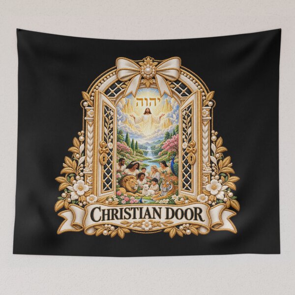 Item preview, Christian Paradise Door Embroidery – Jesus, Tetragrammaton & Peaceful New Earth designed and sold by Emoji Emblems.