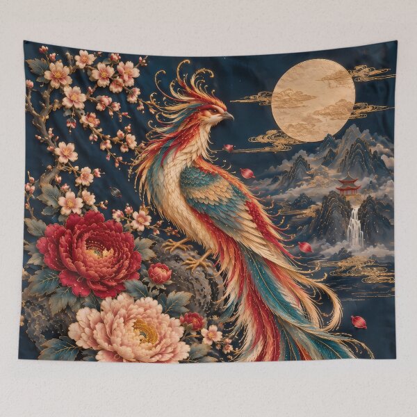 Item preview, Colorful Phoenix with Flowers and Full Moon designed and sold by ManJiangHong.