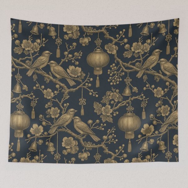 Item preview, Chinoiserie Christmas Songbirds Seamless Pattern | Gold on Charcoal Holiday Toile designed and sold by StickyGuys.