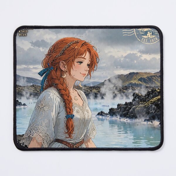Item preview, Iceland Blue Lagoon with a Dreamy Redhead Traveler in an Elegant Pale Blue Dress, Misty Volcanic Landscape and Peaceful Nordic Scenery designed and sold by DibujandoPorfa.
