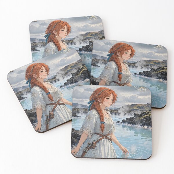 Item preview, Iceland Blue Lagoon with a Dreamy Redhead Traveler in an Elegant Pale Blue Dress, Misty Volcanic Landscape and Peaceful Nordic Scenery designed and sold by DibujandoPorfa.