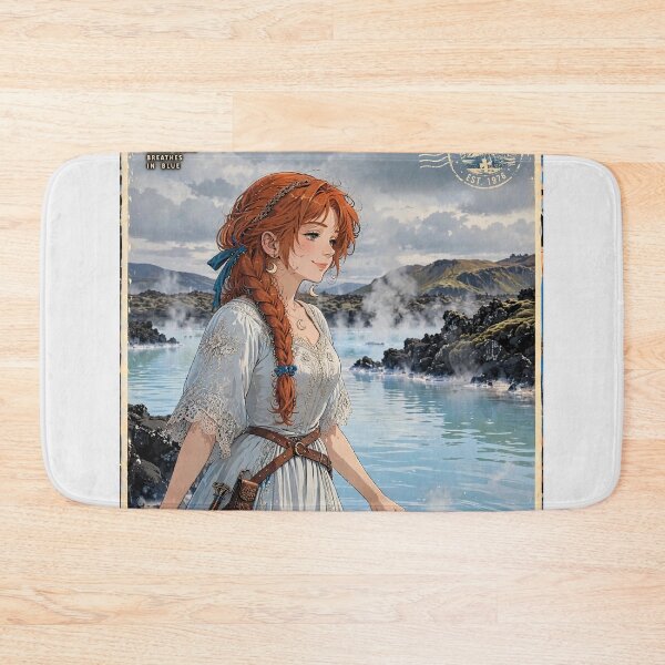 Item preview, Iceland Blue Lagoon with a Dreamy Redhead Traveler in an Elegant Pale Blue Dress, Misty Volcanic Landscape and Peaceful Nordic Scenery designed and sold by DibujandoPorfa.