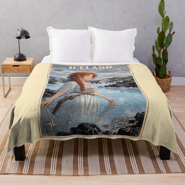 Item preview, Iceland Blue Lagoon with a Dreamy Redhead Traveler in an Elegant Pale Blue Dress, Misty Volcanic Landscape and Peaceful Nordic Scenery designed and sold by DibujandoPorfa.