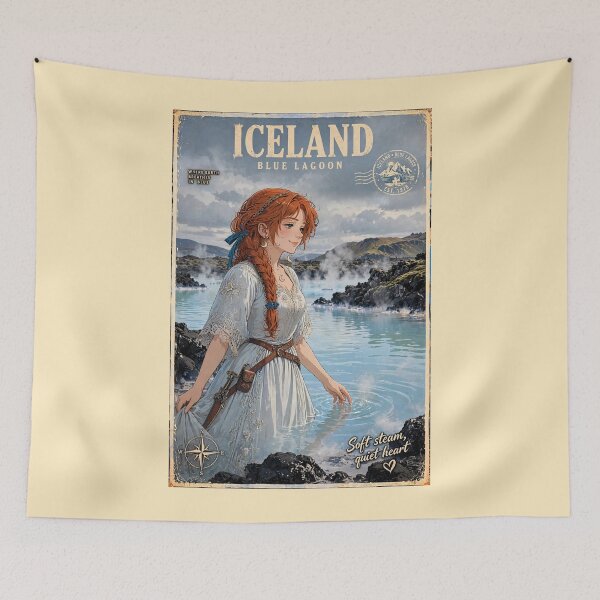 Item preview, Iceland Blue Lagoon with a Dreamy Redhead Traveler in an Elegant Pale Blue Dress, Misty Volcanic Landscape and Peaceful Nordic Scenery designed and sold by DibujandoPorfa.
