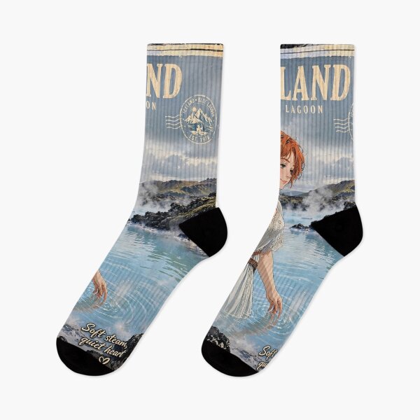 Item preview, Iceland Blue Lagoon with a Dreamy Redhead Traveler in an Elegant Pale Blue Dress, Misty Volcanic Landscape and Peaceful Nordic Scenery designed and sold by DibujandoPorfa.