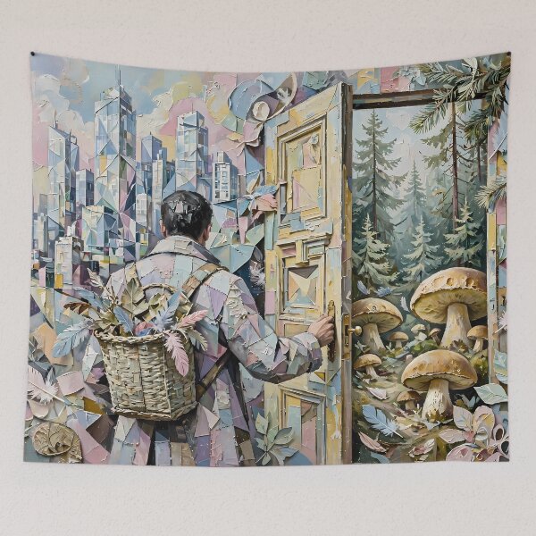 Item preview, Man Opening Surreal Door Between City and Mushroom Forest designed and sold by m-y-A-I-A-R-T-.