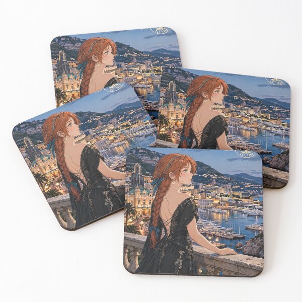 Item preview, Monaco Monte Carlo with a Glamorous Redhead Traveler in an Elegant Black Evening Gown, Mediterranean Sea and Luxury Riviera Landscape designed and sold by DibujandoPorfa.