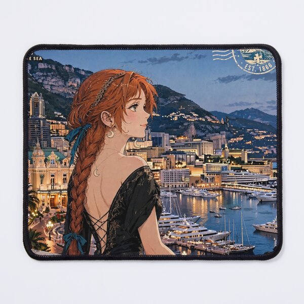 Item preview, Monaco Monte Carlo with a Glamorous Redhead Traveler in an Elegant Black Evening Gown, Mediterranean Sea and Luxury Riviera Landscape designed and sold by DibujandoPorfa.