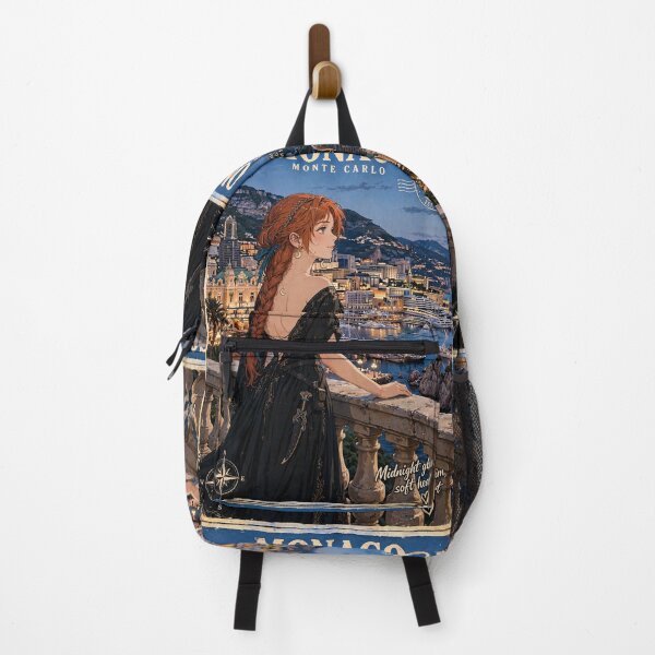 Item preview, Monaco Monte Carlo with a Glamorous Redhead Traveler in an Elegant Black Evening Gown, Mediterranean Sea and Luxury Riviera Landscape designed and sold by DibujandoPorfa.