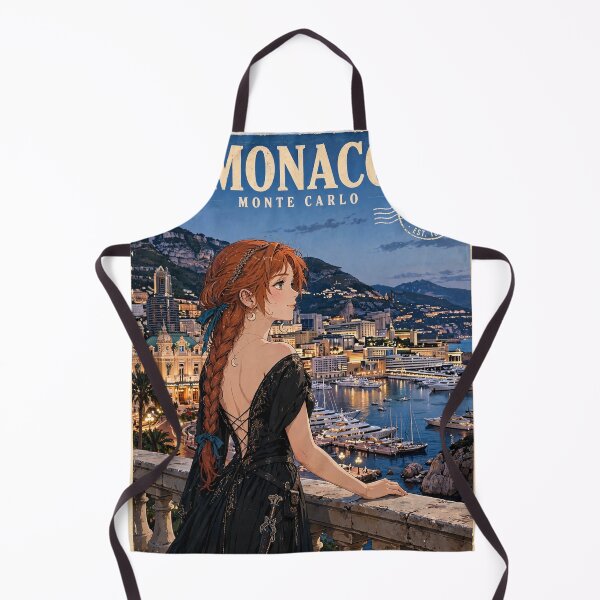 Item preview, Monaco Monte Carlo with a Glamorous Redhead Traveler in an Elegant Black Evening Gown, Mediterranean Sea and Luxury Riviera Landscape designed and sold by DibujandoPorfa.