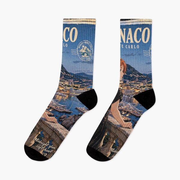 Item preview, Monaco Monte Carlo with a Glamorous Redhead Traveler in an Elegant Black Evening Gown, Mediterranean Sea and Luxury Riviera Landscape designed and sold by DibujandoPorfa.
