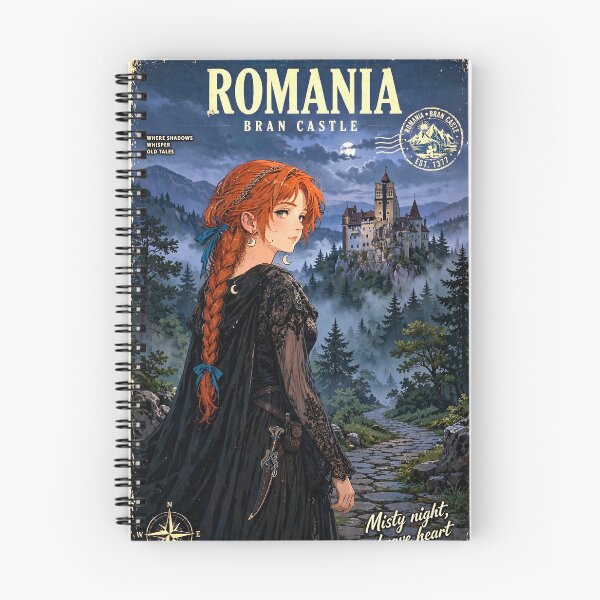 Item preview, Romania Bran Castle with a Mysterious Redhead Traveler in Elegant Gothic Black Dress, Misty Transylvanian Forest and Dark Fairytale Landscape designed and sold by DibujandoPorfa.