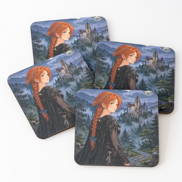 Item preview, Romania Bran Castle with a Mysterious Redhead Traveler in Elegant Gothic Black Dress, Misty Transylvanian Forest and Dark Fairytale Landscape designed and sold by DibujandoPorfa.