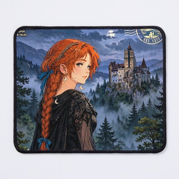 Item preview, Romania Bran Castle with a Mysterious Redhead Traveler in Elegant Gothic Black Dress, Misty Transylvanian Forest and Dark Fairytale Landscape designed and sold by DibujandoPorfa.