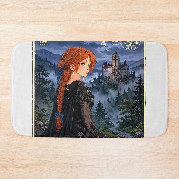 Item preview, Romania Bran Castle with a Mysterious Redhead Traveler in Elegant Gothic Black Dress, Misty Transylvanian Forest and Dark Fairytale Landscape designed and sold by DibujandoPorfa.