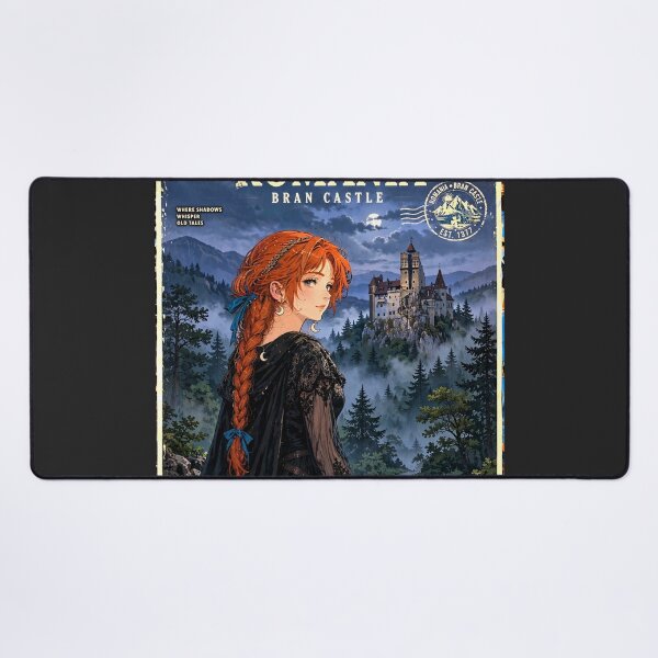 Item preview, Romania Bran Castle with a Mysterious Redhead Traveler in Elegant Gothic Black Dress, Misty Transylvanian Forest and Dark Fairytale Landscape designed and sold by DibujandoPorfa.