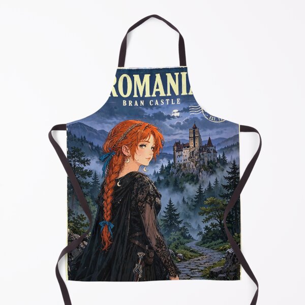 Item preview, Romania Bran Castle with a Mysterious Redhead Traveler in Elegant Gothic Black Dress, Misty Transylvanian Forest and Dark Fairytale Landscape designed and sold by DibujandoPorfa.