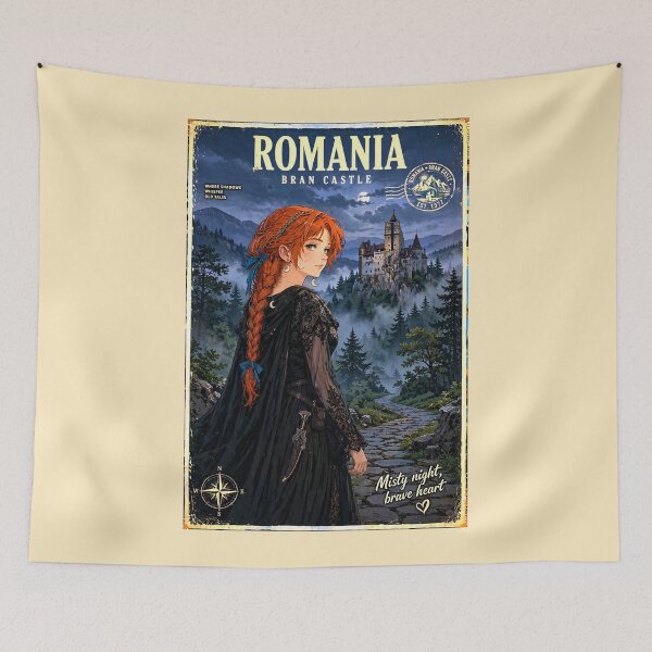 Item preview, Romania Bran Castle with a Mysterious Redhead Traveler in Elegant Gothic Black Dress, Misty Transylvanian Forest and Dark Fairytale Landscape designed and sold by DibujandoPorfa.