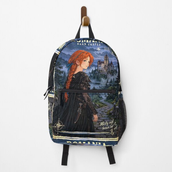 Item preview, Romania Bran Castle with a Mysterious Redhead Traveler in Elegant Gothic Black Dress, Misty Transylvanian Forest and Dark Fairytale Landscape designed and sold by DibujandoPorfa.