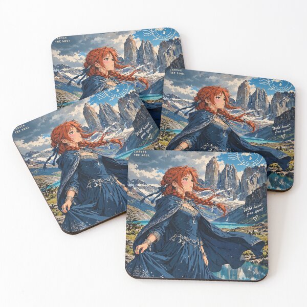 Item preview, Chile Torres del Paine with a Graceful Redhead Traveler in a Flowing Deep Blue Dress, Turquoise Lake and Majestic Patagonian Mountains designed and sold by DibujandoPorfa.