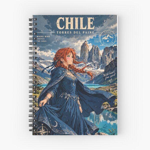 Item preview, Chile Torres del Paine with a Graceful Redhead Traveler in a Flowing Deep Blue Dress, Turquoise Lake and Majestic Patagonian Mountains designed and sold by DibujandoPorfa.