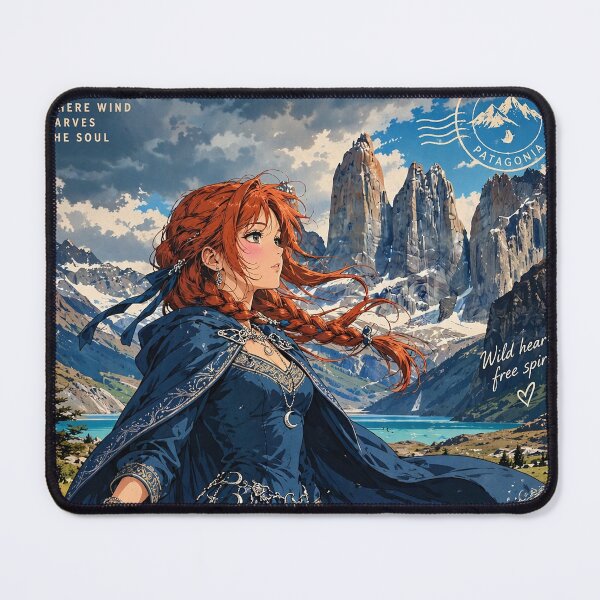 Item preview, Chile Torres del Paine with a Graceful Redhead Traveler in a Flowing Deep Blue Dress, Turquoise Lake and Majestic Patagonian Mountains designed and sold by DibujandoPorfa.