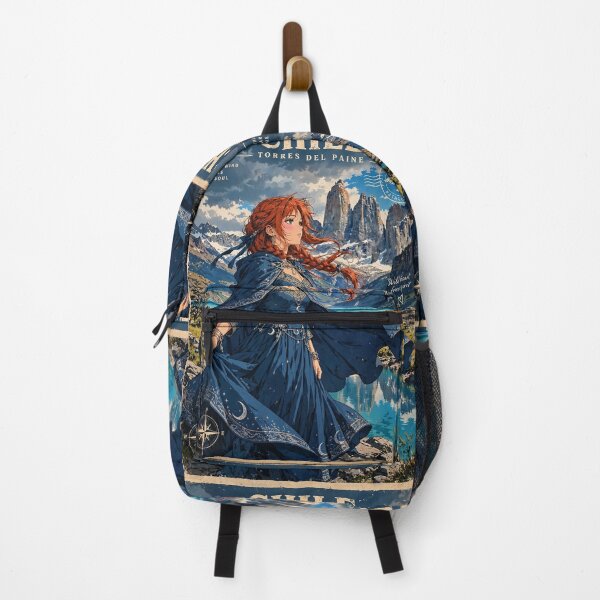 Item preview, Chile Torres del Paine with a Graceful Redhead Traveler in a Flowing Deep Blue Dress, Turquoise Lake and Majestic Patagonian Mountains designed and sold by DibujandoPorfa.