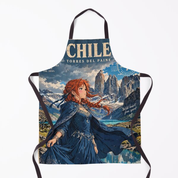 Item preview, Chile Torres del Paine with a Graceful Redhead Traveler in a Flowing Deep Blue Dress, Turquoise Lake and Majestic Patagonian Mountains designed and sold by DibujandoPorfa.