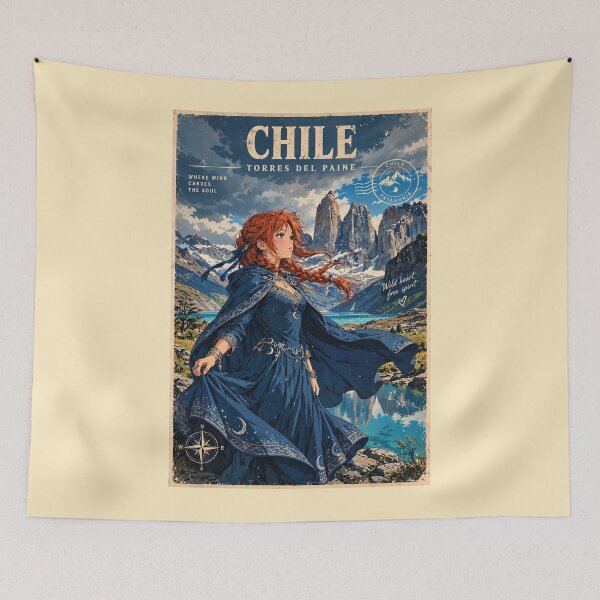 Item preview, Chile Torres del Paine with a Graceful Redhead Traveler in a Flowing Deep Blue Dress, Turquoise Lake and Majestic Patagonian Mountains designed and sold by DibujandoPorfa.