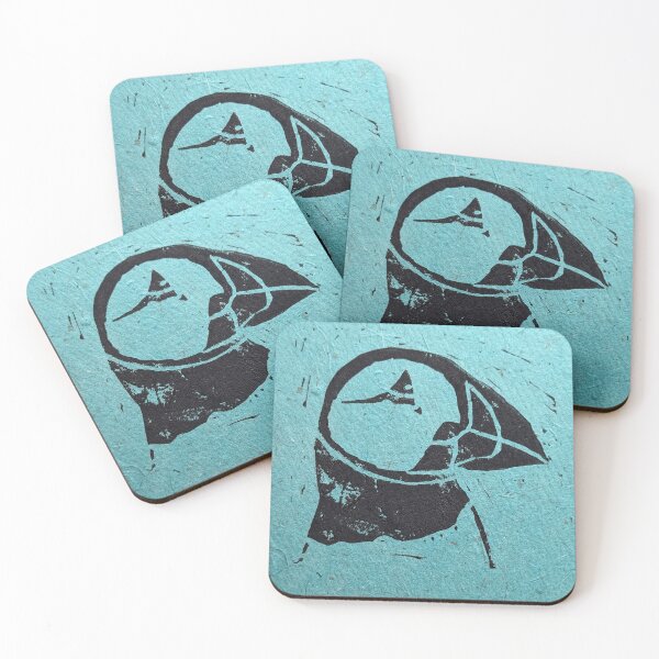 Item preview, Puffin linoprint on turquoise designed and sold by Pebbles on the Beach.