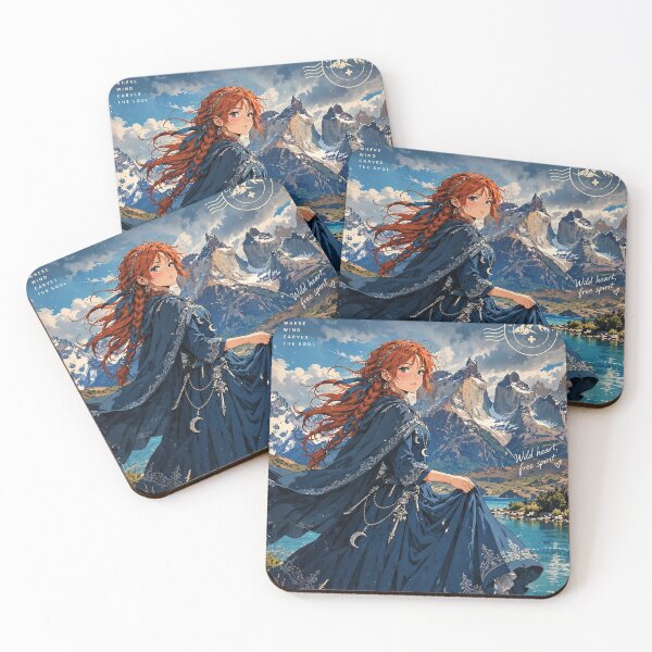 Item preview, Chile Torres del Paine with a Graceful Redhead Traveler in a Flowing Deep Blue Dress, Turquoise Lake and Majestic Patagonian Mountains designed and sold by DibujandoPorfa.
