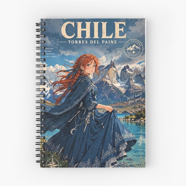 Item preview, Chile Torres del Paine with a Graceful Redhead Traveler in a Flowing Deep Blue Dress, Turquoise Lake and Majestic Patagonian Mountains designed and sold by DibujandoPorfa.