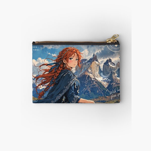 Item preview, Chile Torres del Paine with a Graceful Redhead Traveler in a Flowing Deep Blue Dress, Turquoise Lake and Majestic Patagonian Mountains designed and sold by DibujandoPorfa.