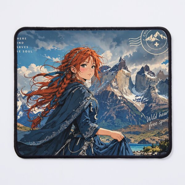 Item preview, Chile Torres del Paine with a Graceful Redhead Traveler in a Flowing Deep Blue Dress, Turquoise Lake and Majestic Patagonian Mountains designed and sold by DibujandoPorfa.