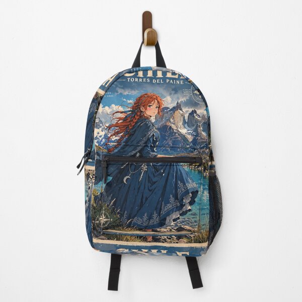 Item preview, Chile Torres del Paine with a Graceful Redhead Traveler in a Flowing Deep Blue Dress, Turquoise Lake and Majestic Patagonian Mountains designed and sold by DibujandoPorfa.