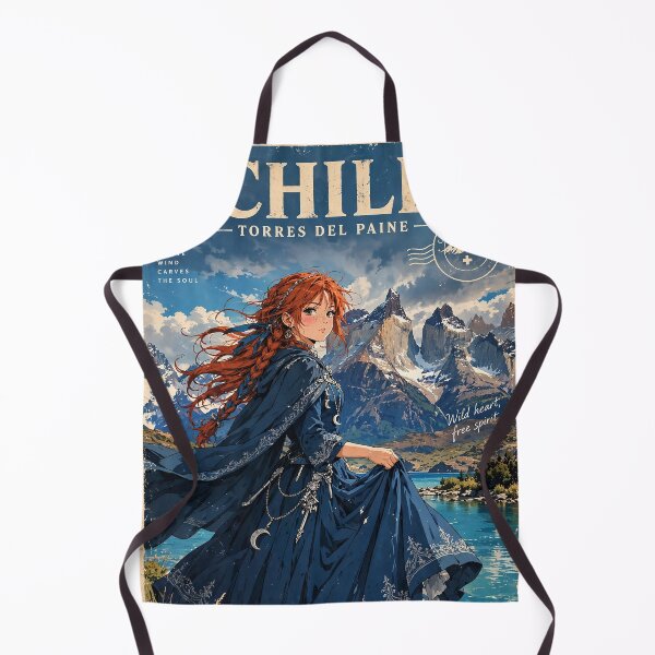 Item preview, Chile Torres del Paine with a Graceful Redhead Traveler in a Flowing Deep Blue Dress, Turquoise Lake and Majestic Patagonian Mountains designed and sold by DibujandoPorfa.