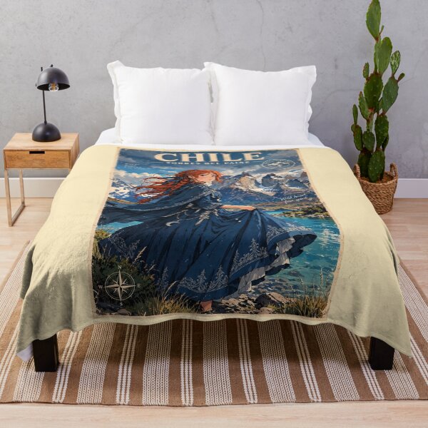 Item preview, Chile Torres del Paine with a Graceful Redhead Traveler in a Flowing Deep Blue Dress, Turquoise Lake and Majestic Patagonian Mountains designed and sold by DibujandoPorfa.