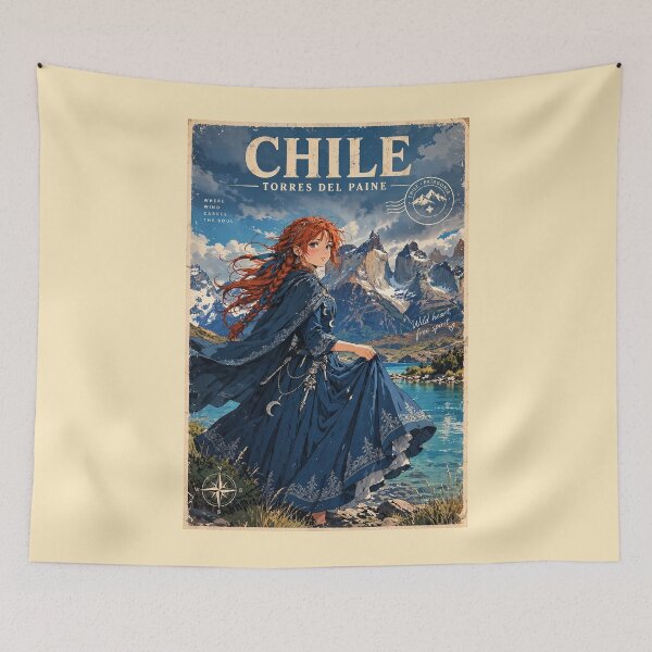 Item preview, Chile Torres del Paine with a Graceful Redhead Traveler in a Flowing Deep Blue Dress, Turquoise Lake and Majestic Patagonian Mountains designed and sold by DibujandoPorfa.