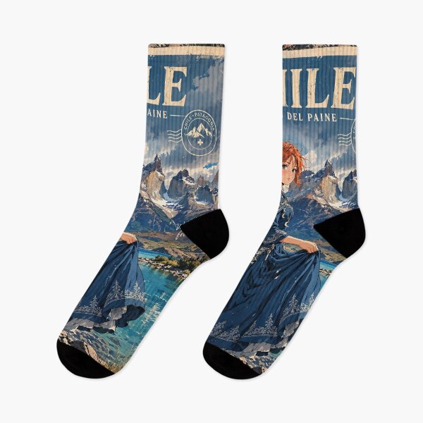 Item preview, Chile Torres del Paine with a Graceful Redhead Traveler in a Flowing Deep Blue Dress, Turquoise Lake and Majestic Patagonian Mountains designed and sold by DibujandoPorfa.