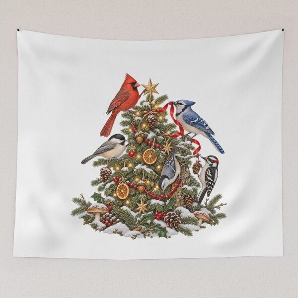 Item preview, Birds Decorating Christmas Tree - Cute Winter Bird Christmas Birdwatching designed and sold by Neurospicy Trolls.
