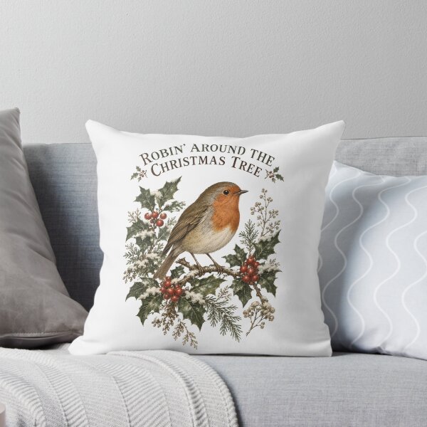 Artikelvorschau, Rotkehlchen um den Weihnachtsbaum - Vintage europäisches Rotkehlchen-Weihnachtsfest entworfen und verkauft von Neurospicy Trolls.