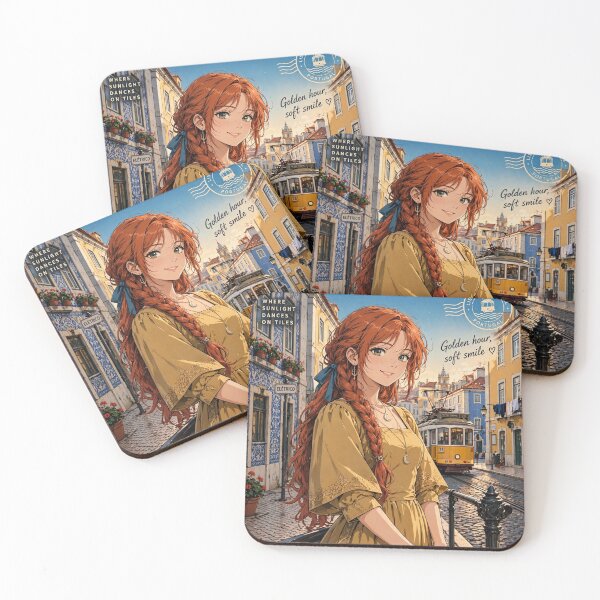 Item preview, Portugal Lisbon with a Charming Redhead Traveler in an Elegant Mustard Dress, Historic Tram Streets and Warm European Cityscape designed and sold by DibujandoPorfa.