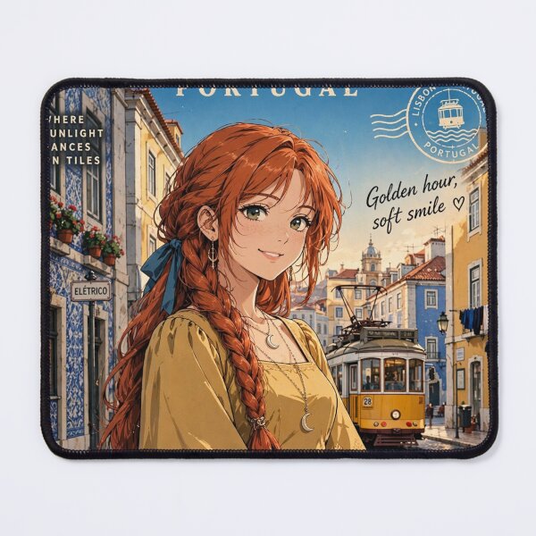 Item preview, Portugal Lisbon with a Charming Redhead Traveler in an Elegant Mustard Dress, Historic Tram Streets and Warm European Cityscape designed and sold by DibujandoPorfa.