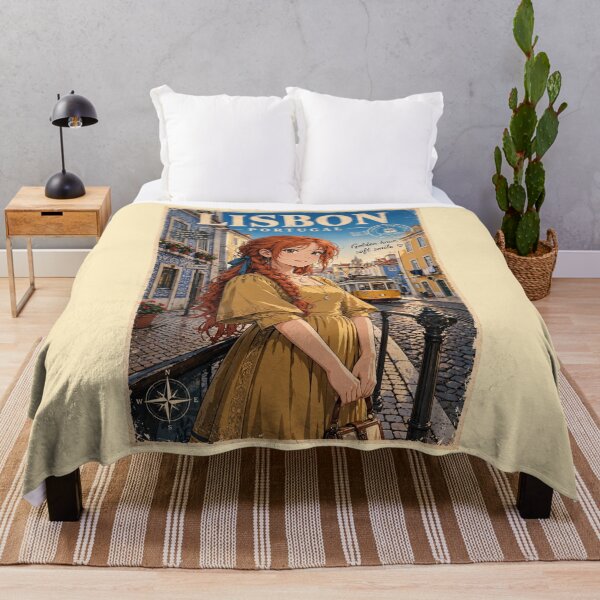 Item preview, Portugal Lisbon with a Charming Redhead Traveler in an Elegant Mustard Dress, Historic Tram Streets and Warm European Cityscape designed and sold by DibujandoPorfa.